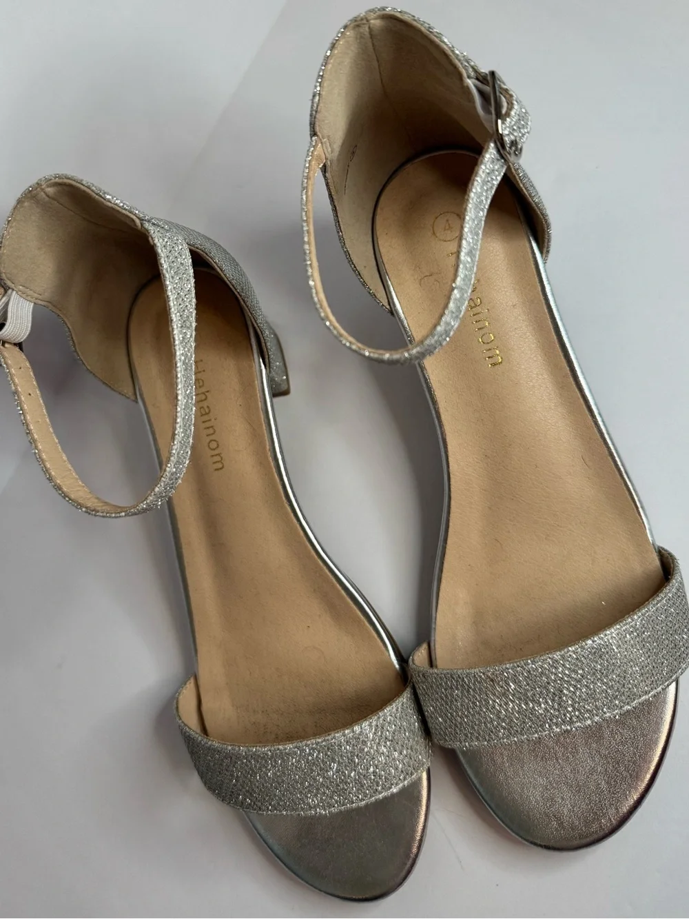 Girls Silver Glitter Block Heel Sandals Size 4 Wedding Party Dress Shoes